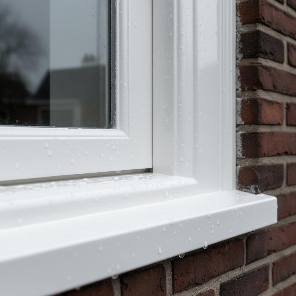 Beste verf voor buiten kozijnen - close-up van een vers gelakt wit kozijn met regendruppels op het glanzende oppervlak door L.T.J. Schilderwerken