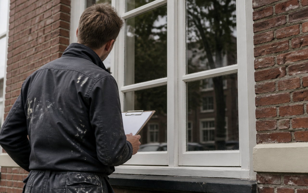 Schilder inspecteert houten kozijn op bakstenen gevel met klembord in de hand, betrouwbaar schilderwerk in Nijmegen door L.T.J. Schilderwerken