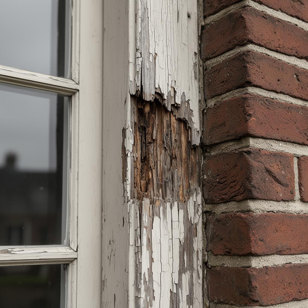 Houtrot herkennen en behandelen - close-up van een verweerd houten kozijn met bladderende verf en beginnende houtrot door L.T.J. Schilderwerken
