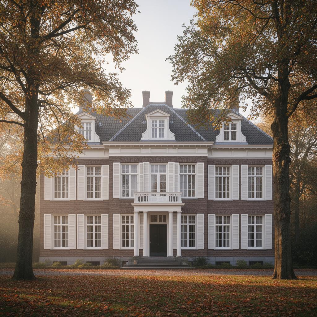 Onderhoudsplanning grotere woningen Nijmegen - stijlvolle Nederlandse villa in herfstlicht met goed onderhouden wit houtwerk en bakstenen gevel