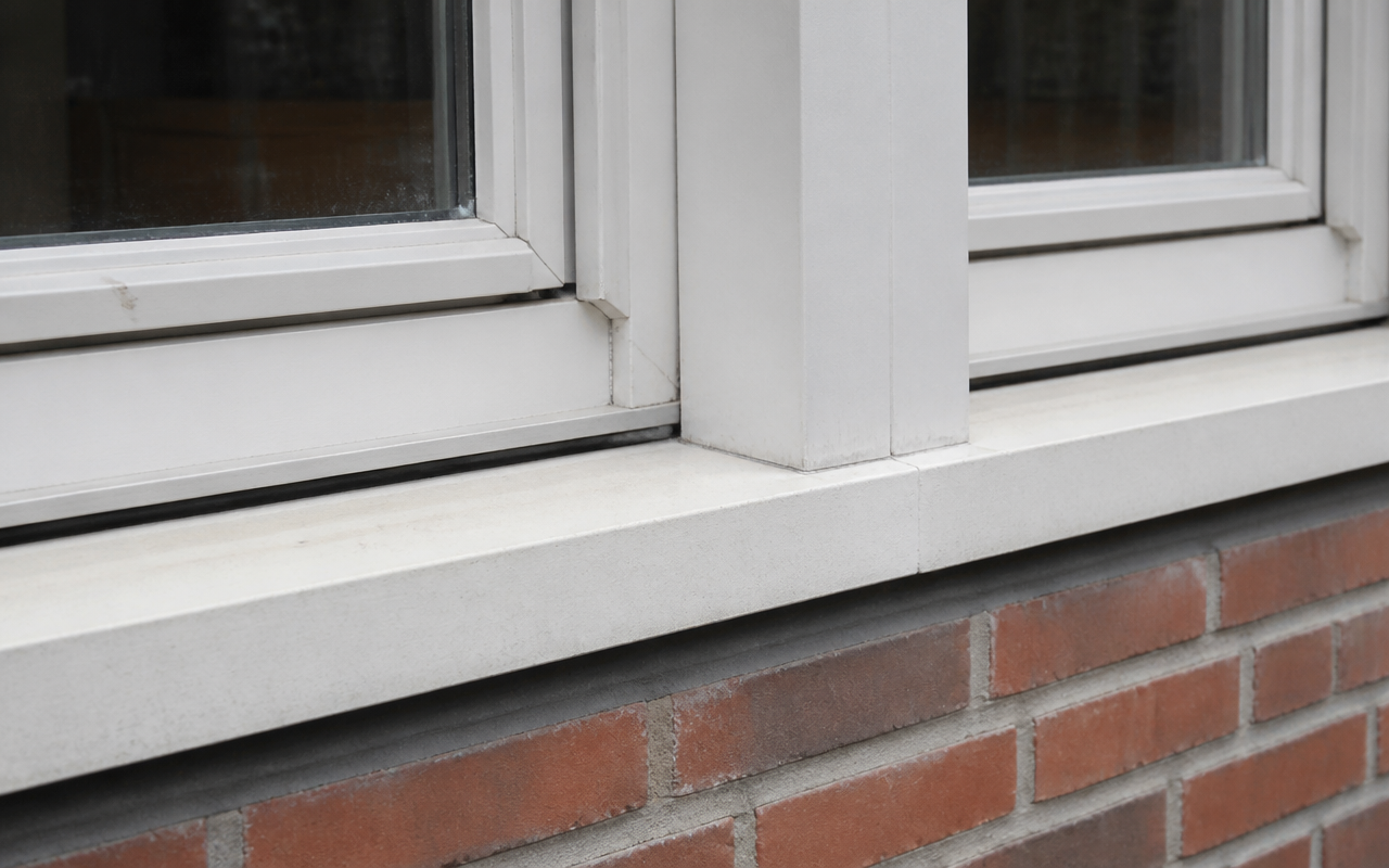 Prijs buitenschilderwerk kozijnen - detail van witte houten kozijnen en onderdorpel in een bakstenen gevel, beoordeeld door L.T.J. Schilderwerken