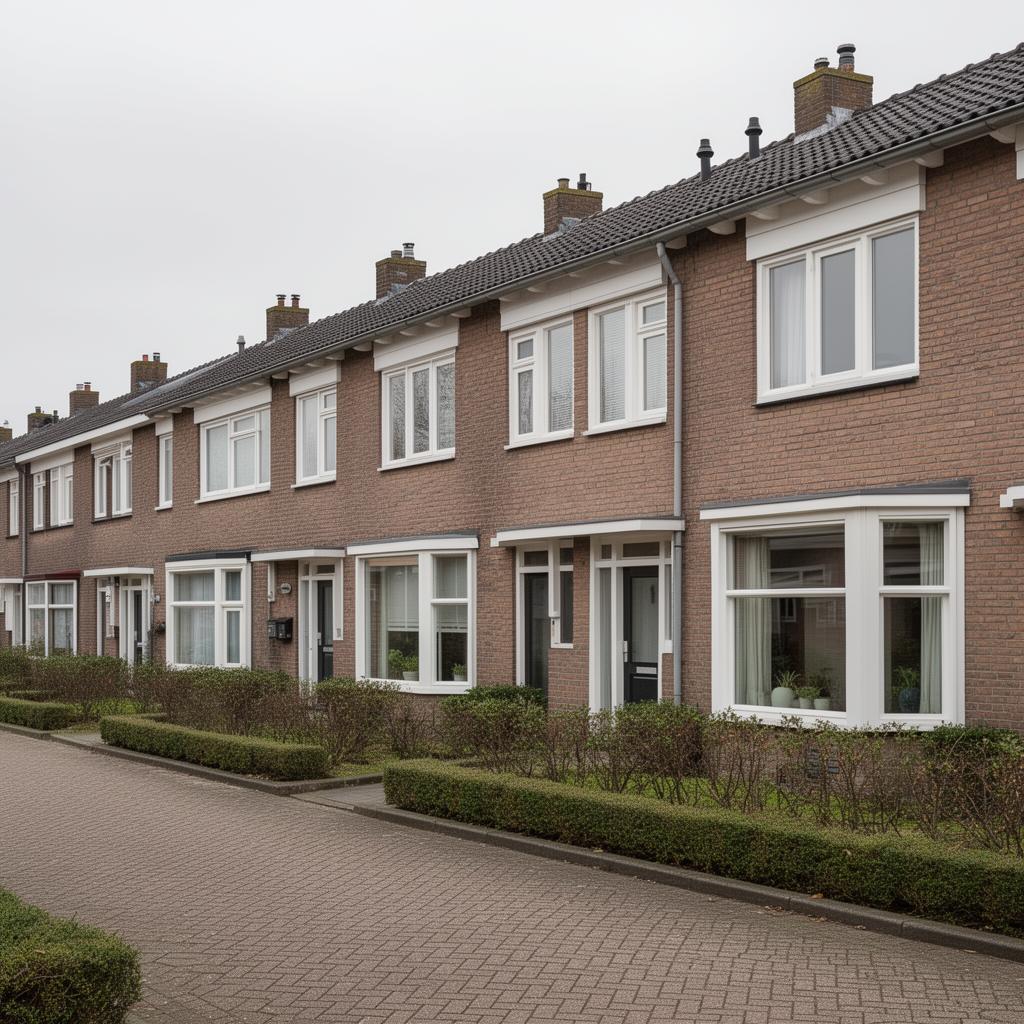Schilder Lindenholt - rustige Nederlandse straat met strak witgeschilderde kozijnen op bakstenen rijtjeswoningen in Nijmegen door L.T.J. Schilderwerken