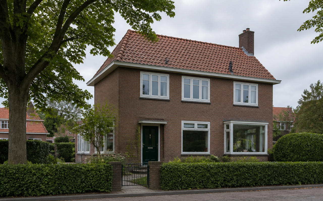 Schilder Malden - bakstenen dorpswoning met pas geschilderde witte kozijnen en donkergroene voordeur, uitgevoerd door L.T.J. Schilderwerken