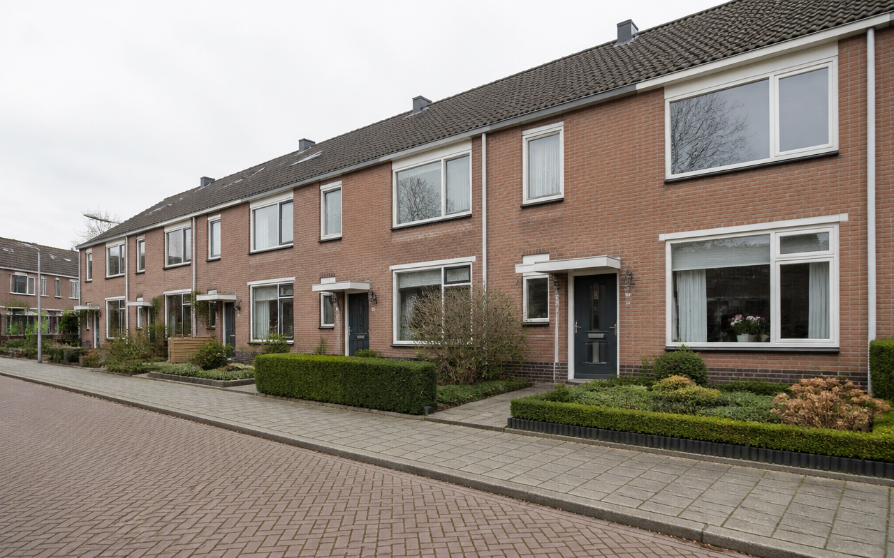 Schilder Nijmegen Noord - rustige straat met strak geschilderde kozijnen op rijtjeswoningen in Lindenholt door L.T.J. Schilderwerken
