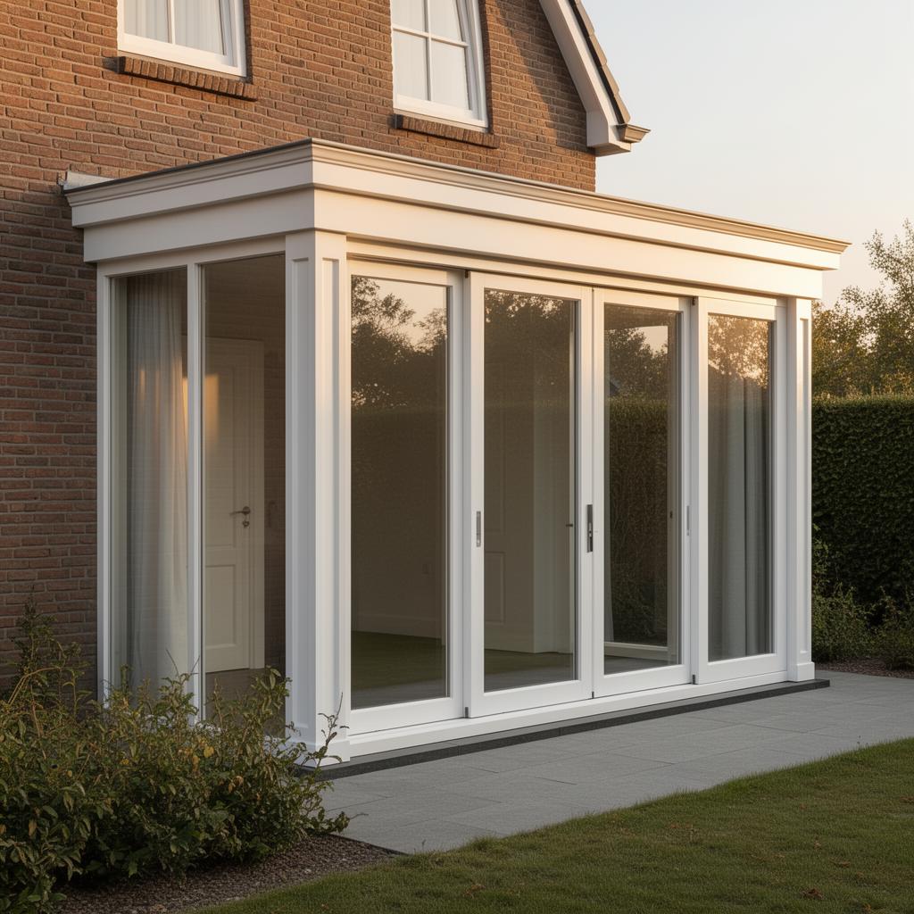 Schilderwerk aanbouw uitbouw Nijmegen - moderne uitbouw met witte kozijnen die naadloos aansluit op bestaande bakstenen woning, afgewerkt door L.T.J. Schilderwerken