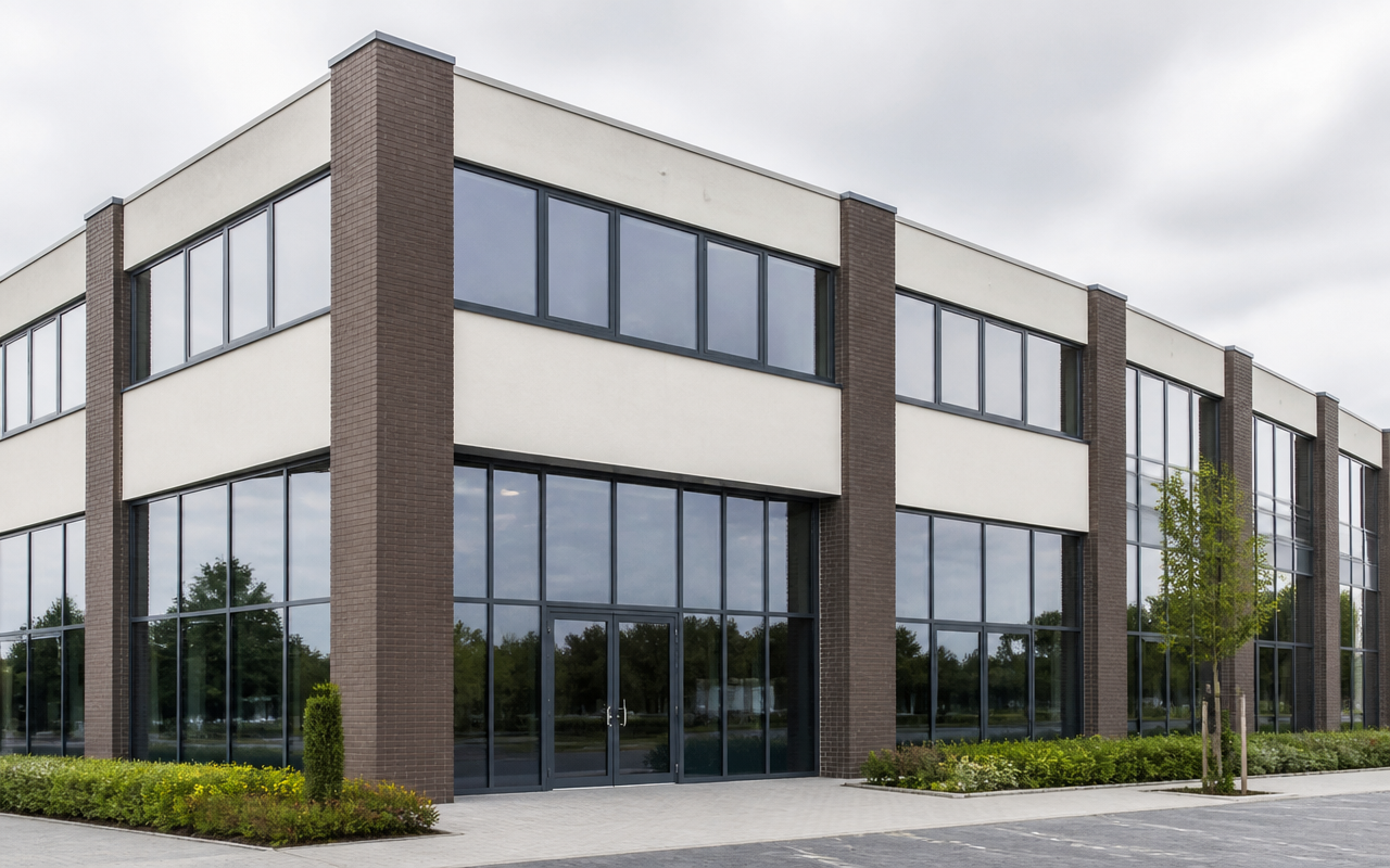 Zakelijk schilderwerk Nijmegen - modern bedrijfspand met strak geschilderde donkere kozijnen en gevelpanelen, onderhouden door L.T.J. Schilderwerken