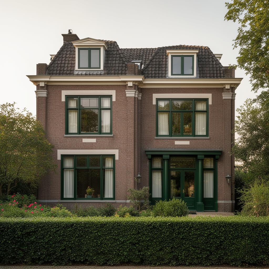 Vrijstaande woning schilderen Nijmegen - karakteristieke jaren '30 villa met grote houten kozijnen in een diepe klassieke kleur, omringd door een verzorgde tuin door L.T.J. Schilderwerken