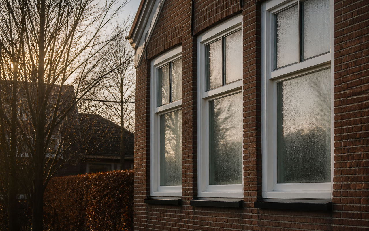 Wanneer buiten schilderen - witte houten kozijnen met condens in een Nijmeegse bakstenen gevel op een koele ochtend, beoordeeld door L.T.J. Schilderwerken